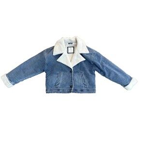Hollister Faux Sherpa Lined Denim Jacket Blue Jean Coat Fur Collar Womens XL